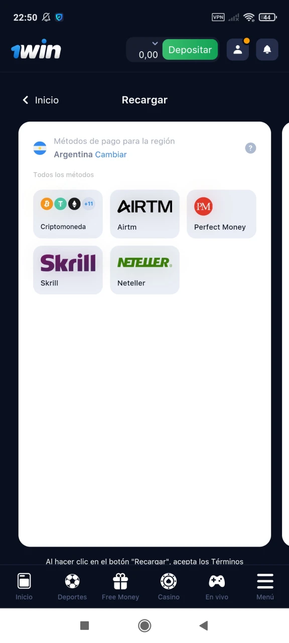 Recarga tu depósito en 1win.