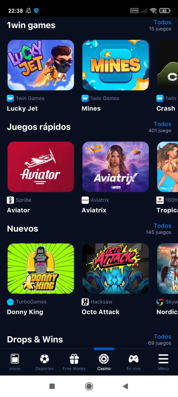 Seleccione un juego para apostar en 1win.