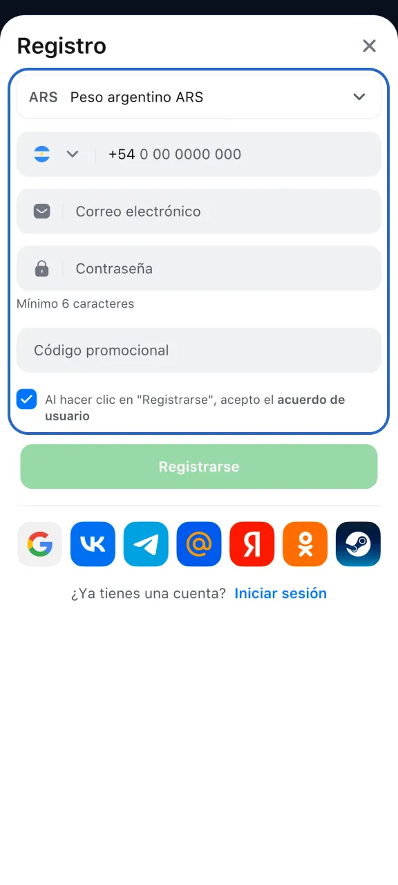 Llena tus datos y comienza a jugar en 1win.