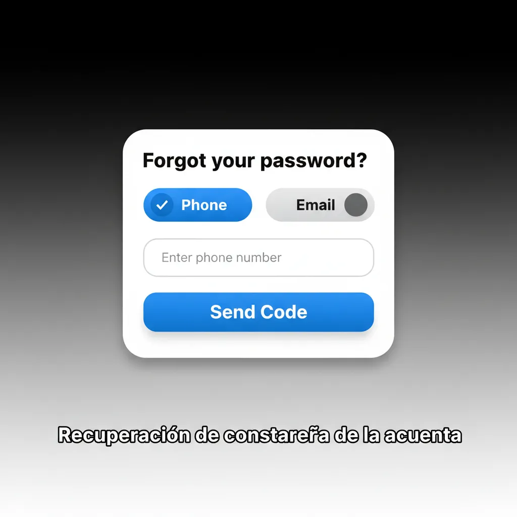 Pantalla de recuperación de contraseña con pasos: Olvidé mi contraseña, email/SMS/red social, código y nueva clave.